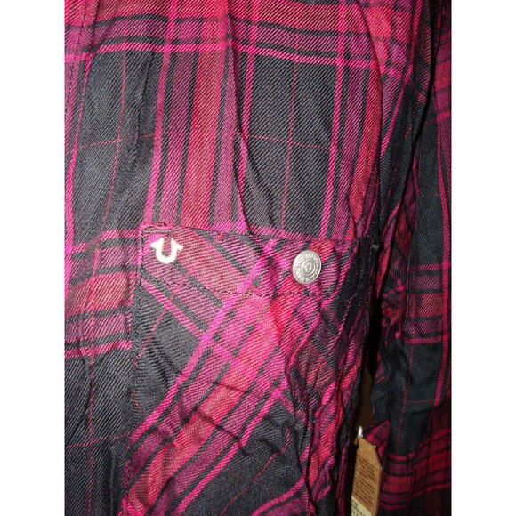 New Womens Designer True Religion S Plaid Top Logo Black Red NWT Long Snap Front - Picture 3 of 5